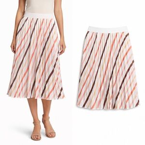 Halogen Womens Pleated Midi Skirt M Multi Color Diagonal Stripe‎ Elastic Waist